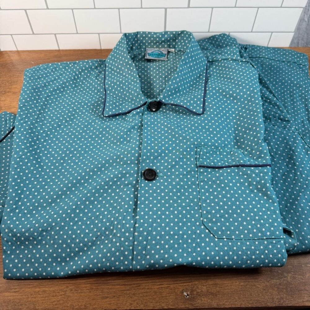 Vtg 70s Ravensberg German Mens Pajama Set Teal Polka Dot Cotton 58 US XXL